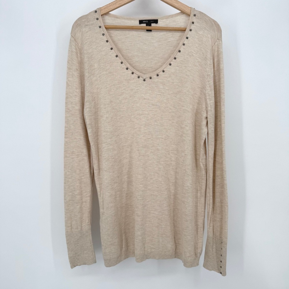 Mango MNG Suit Sweater Womens Medium Beige V-Neck Studded‎ Knit Long Sleeve Top